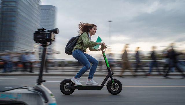 Young woman riding electric scooter along waterfront commuting with backpack and folder