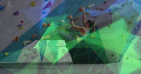 Caucasian Woman Rock Climbing with Digital Data Overlay