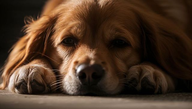 Golden retriever lying resting head on floor closeup showing nose whiskers paws