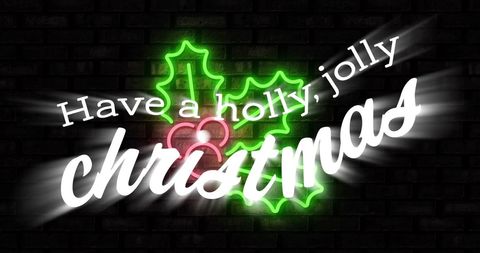 Neon Christmas Greeting with Holly Illustration on Dark Brick Background