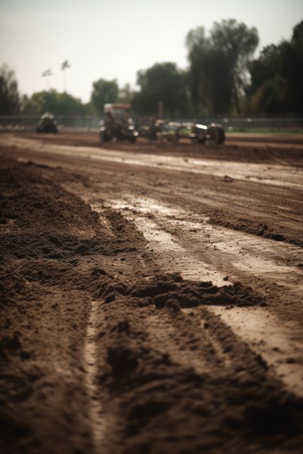 Dirt track in countryside with tractors, created using generative ai technology. Dirt track, racing and driving concept digitally generated image.