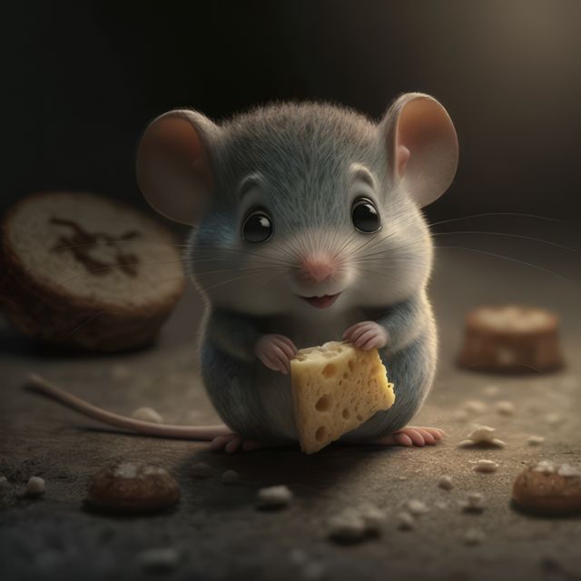 Close up of cute grey mouse with cheese on grey background, created using generative ai technology. Mouse and animal concept digitally generated image.