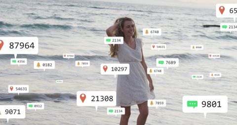 Smiling Woman in Summer Dress with Social Media Notifications Overlay