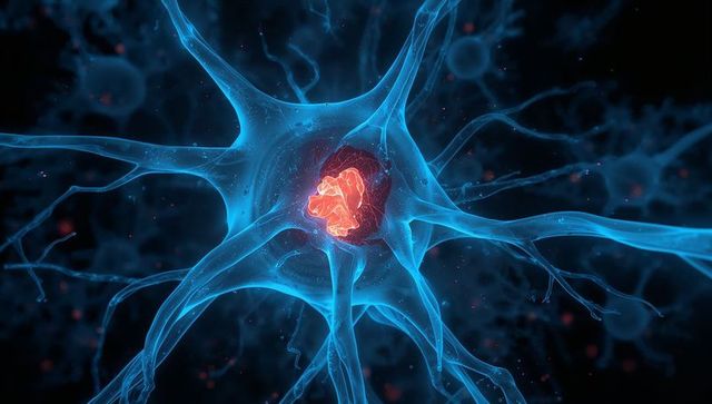 Glowing neuron network with radiant red-orange nucleus and extending dendrites