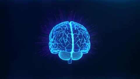 Neon Brain Hologram Moving With Sparks in Dark Space