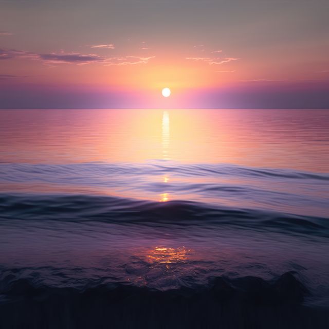 Scenery with sun setting over ocean, created using generative ai technology. Sun, ocean and sky scenery, weather and beauty in nature concept digitally generated image.