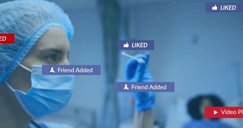 Clinician in ppe holding swab and handling specimen with social media 'liked' overlays