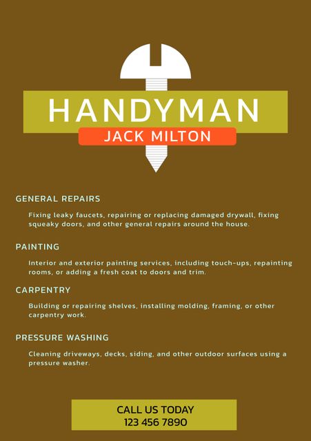 This colorful flyer promotes a comprehensive range of handyman services including general repairs, interior and exterior painting, carpentry, and pressure washing. With bold text and an illustrated tool icon, it is an effective visual for grabbing attention and conveying key details. Ideal for small businesses looking to advertise services in local communities or digitally. The contact information makes it easy for potential clients to get in touch and hire professional help for various home improvement projects.