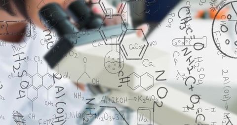 Scientist in laboratory with microscope and chemical formulas overlay
