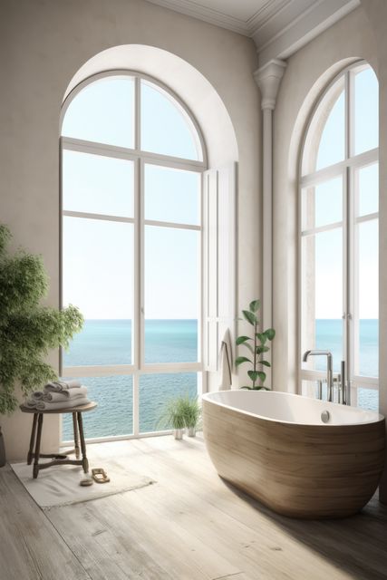 Modern luxury bathroom featuring a freestanding wooden tub positioned near large windows overlooking a stunning ocean view. The bright, serene space with minimalist design and elegant decor exudes tranquility. Perfect for use in interior design blogs, luxury real estate listings, home decor magazines, or advertisements for high-end bathroom fixtures and spas.