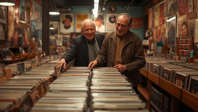 Two senior men browsing vinyl records in cozy vintage record shop with framed posters