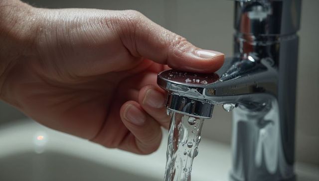 Hand operating modern chrome faucet in bathroom