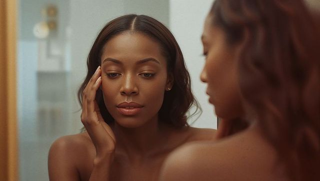 Tranquil moment: woman reflecting in home bathroom mirror