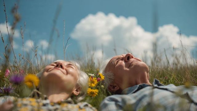 Senior Couple Soaking Up Sun in Wildflower Meadow Under Blue Sky