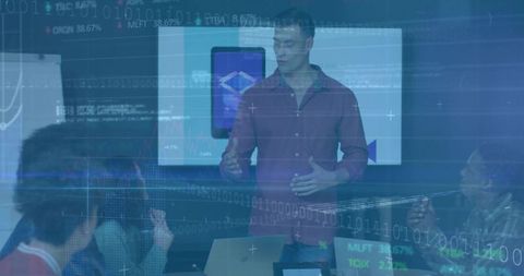 Corporate Presentation in Modern Office with Analytics Overlay