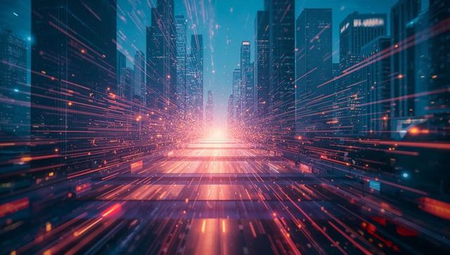 Dynamic neon lights on futuristic city street at dusk