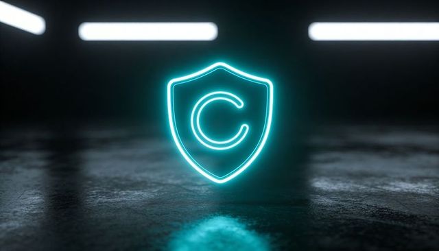 Cyan neon copyright shield floating over reflective concrete floor futuristic security icon