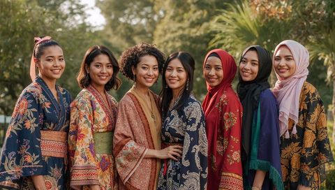 Diverse Group of Women Celebrating in Elegant Floral Robes