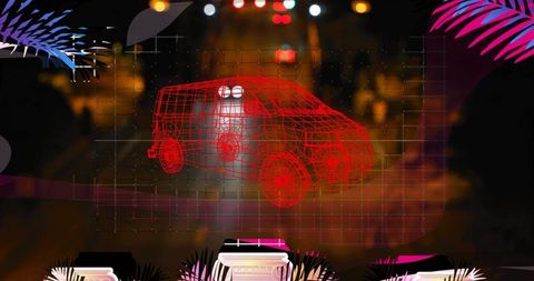 Neon holographic wireframe van floating over urban night grid with tropical neon foliage