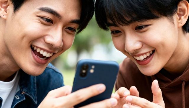 Young couple smiling at smartphone, enjoying mobile content and social sharing