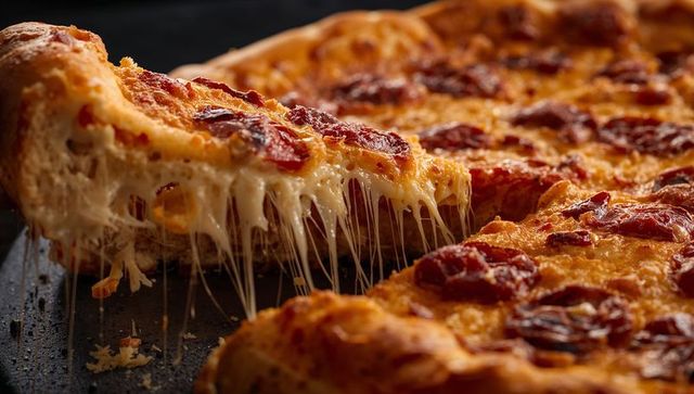 Lifting stretchy pepperoni pizza slice showing gooey cheese pulling from crispy golden crust