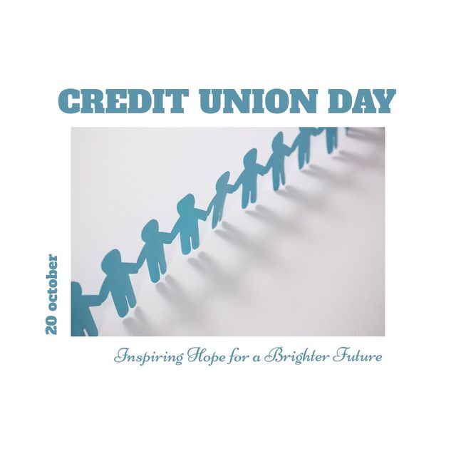 Image of credit union day over white background and paper people holding hands. Real estate, credit and finance concept.