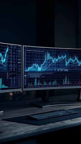 Vertical video showing dual-monitor trading desk displaying live market analytics charts