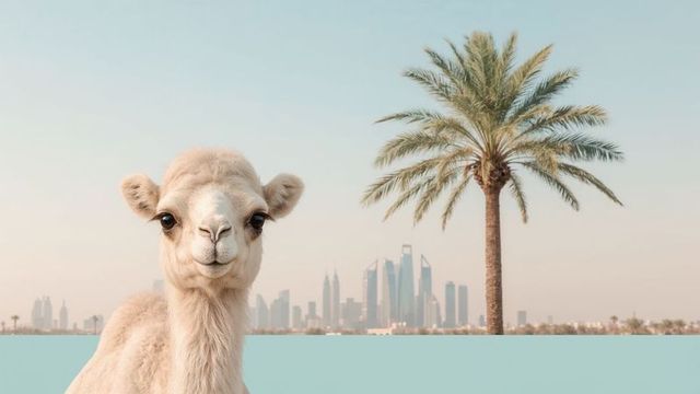 Camel at oasis with vibrant city skyline in background