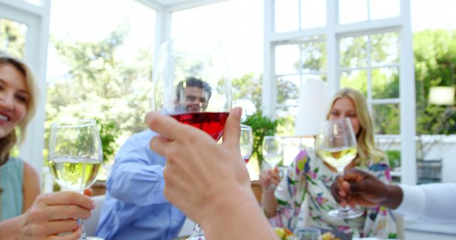 Adults celebrate with wine in a sunny room, embodying the joy of socializing. - Download Free Stock Photos Pikwizard.com