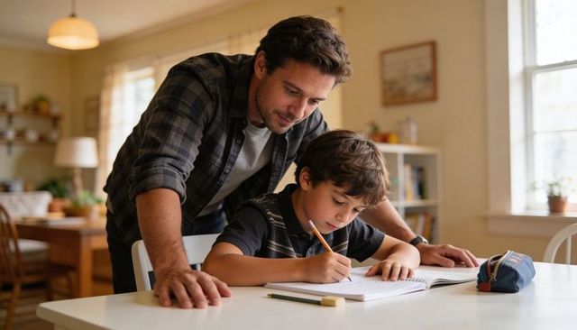 Father helping son with homework at dining table in sunlit cozy family kitchen