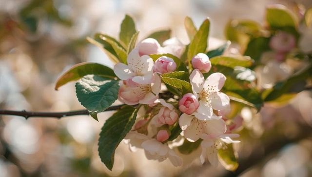 Sunlit pink and white blossoms glowing on flowering tree branch, spring macro closeup