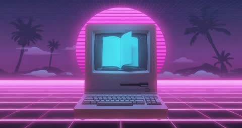 Retro Glowing Pages on Vintage Computer Screen with Neon Grid