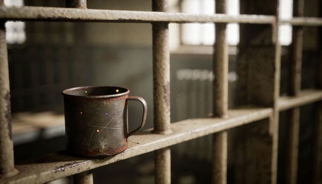 Rusted metal mug resting on prison cell bars, weathered corrosion and peeling paint