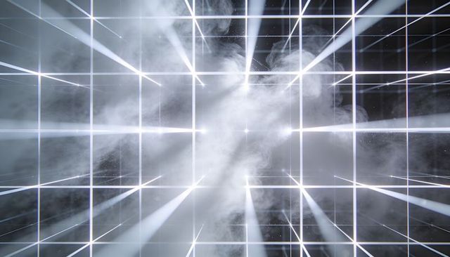 Emitting luminous smoke core sending radial light beams through glowing 3d grid futuristic