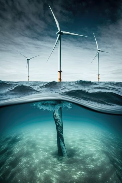 The vibrant scene of offshore wind turbines partially submerged in the water with a clear underwater view makes an impactful visual on sustainable energy generation. Ideal for renewable energy campaigns, educational materials on sustainable technologies, environmental preservation projects, and articles related to innovative green technologies.