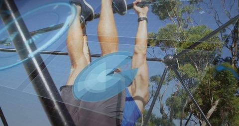 Performing inverted pull-up on outdoor calisthenics rig with augmented reality fitness overlay