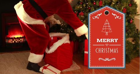 Cheerful Santa with Gifts by Cozy Fireplace and Christmas Tree