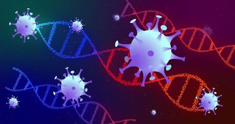 Colorful Coronavirus and DNA Strands On Abstract Background