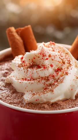 Glinting light moving across whipped cream topped hot chocolate in red mug with cinnamon sticks