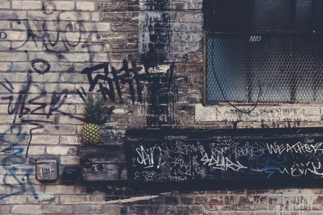 Pineapple hanging on graffiti-covered brick wall, scene capturing essence of urban art. Use for themes of city life, street art, rebellion, modern art, urban photography, and alternative culture. Suitable for backgrounds, blog posts on urban lifestyle, photo essays on urban environments, or artistic inspiration.
