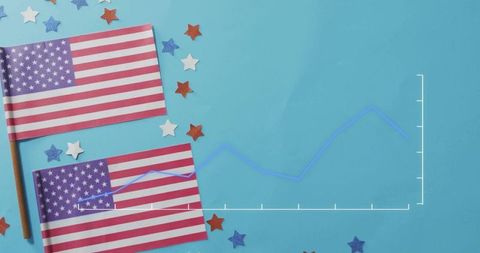 American flags with line chart and festive confetti on blue background