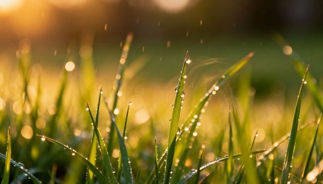 Sunlit dew on grass blades macro closeup golden bokeh morning meadow