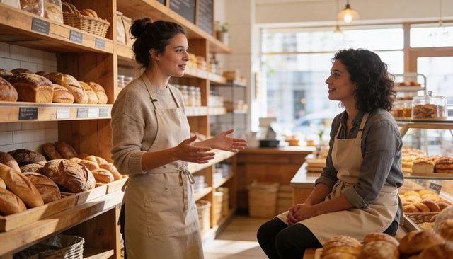 Two bakery workers chatting while arranging artisanal bread on rustic wooden shelves