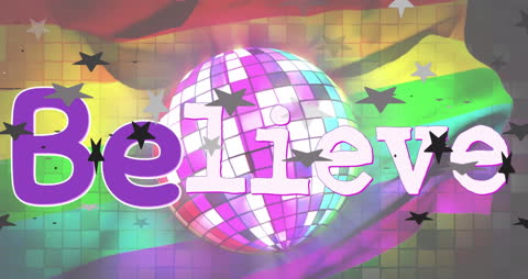 Dynamic LGBTQ Disco Ball with Believe Text and Rainbow Flag