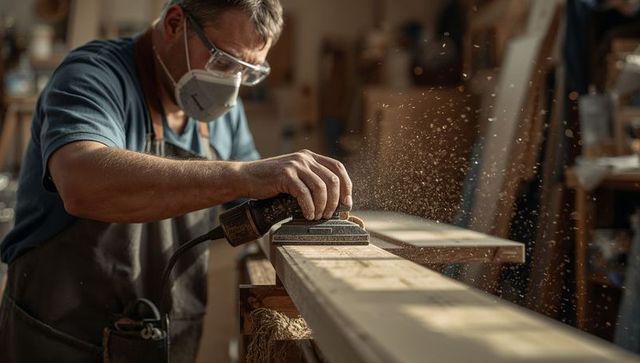 Woodworker sanding plank with electric sander releasing dust in warm workshop light