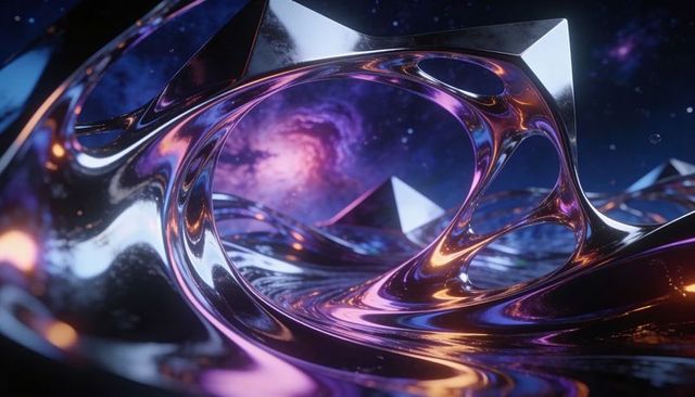 Liquid-metal reflective arch revealing spiral nebula and futuristic pyramid geometry