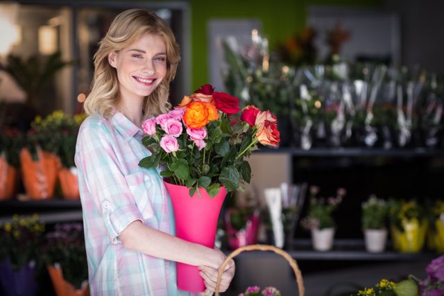This image shows a cheerful female florist holding a vibrant flower bouquet in a shop. Ideal for use in articles or advertisements related to floristry, small businesses, customer service, and retail environments. It can also be used for promotional materials for flower shops or floral design courses.