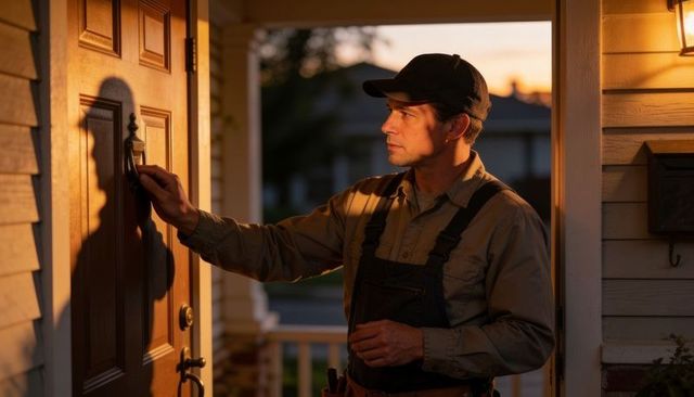Handyman knocking on front door at sunset, residential repair visit on porch