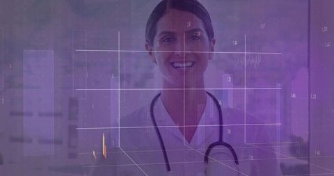 Smiling female doctor wearing stethoscope with purple medical data overlay
