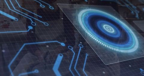 Futuristic blue holographic HUD with circular interface and glass circuit grid in lab